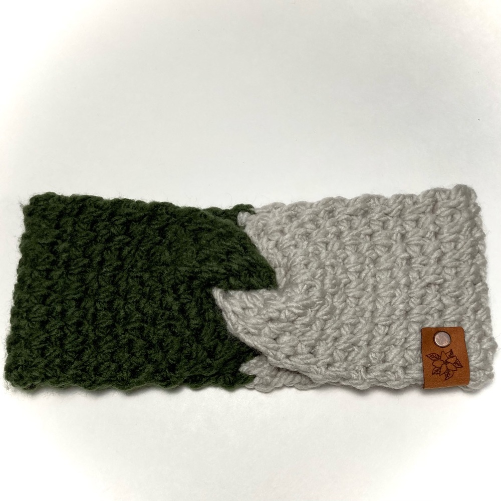 Headband Ear Warmer handmade crocheted olive green gray greige twist turban